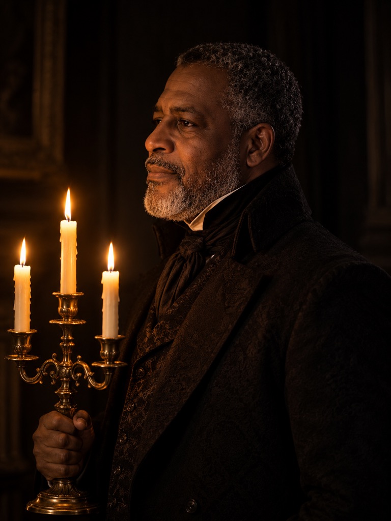 Starting frame: a grey-bearded man in a black Victorian high-collared coat in profile, holding a lit three-candle brass candelabra in a dark room