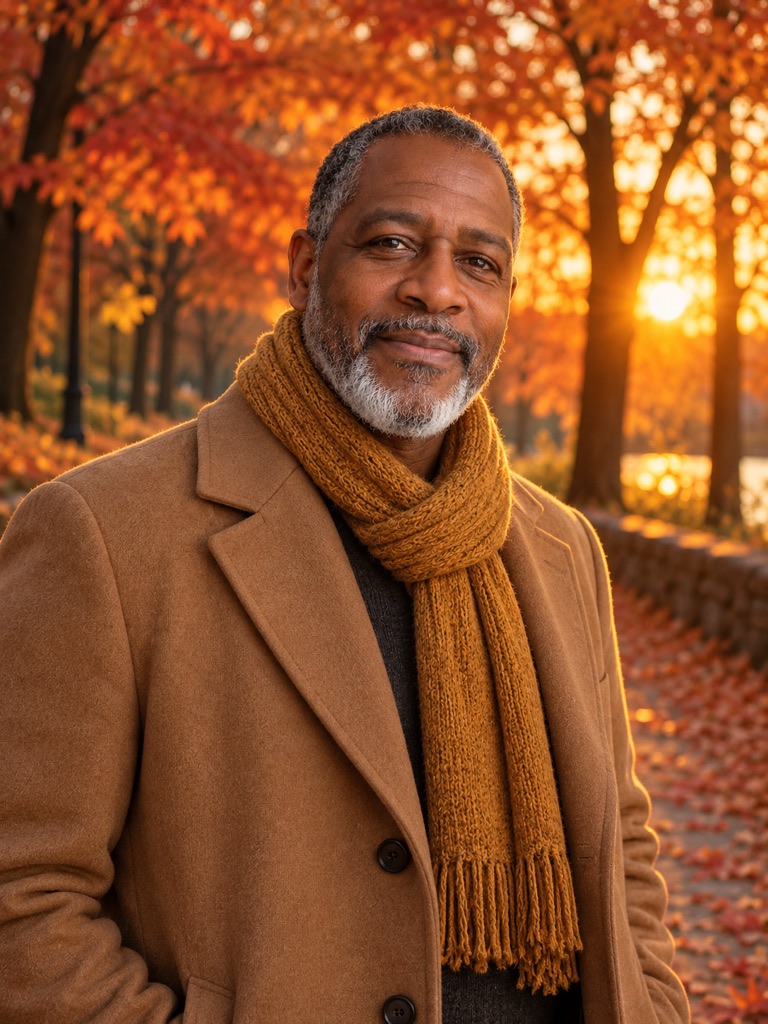 Starting frame: a smiling grey-bearded man in a camel coat and mustard scarf on a park path lined with orange maple trees at sunset