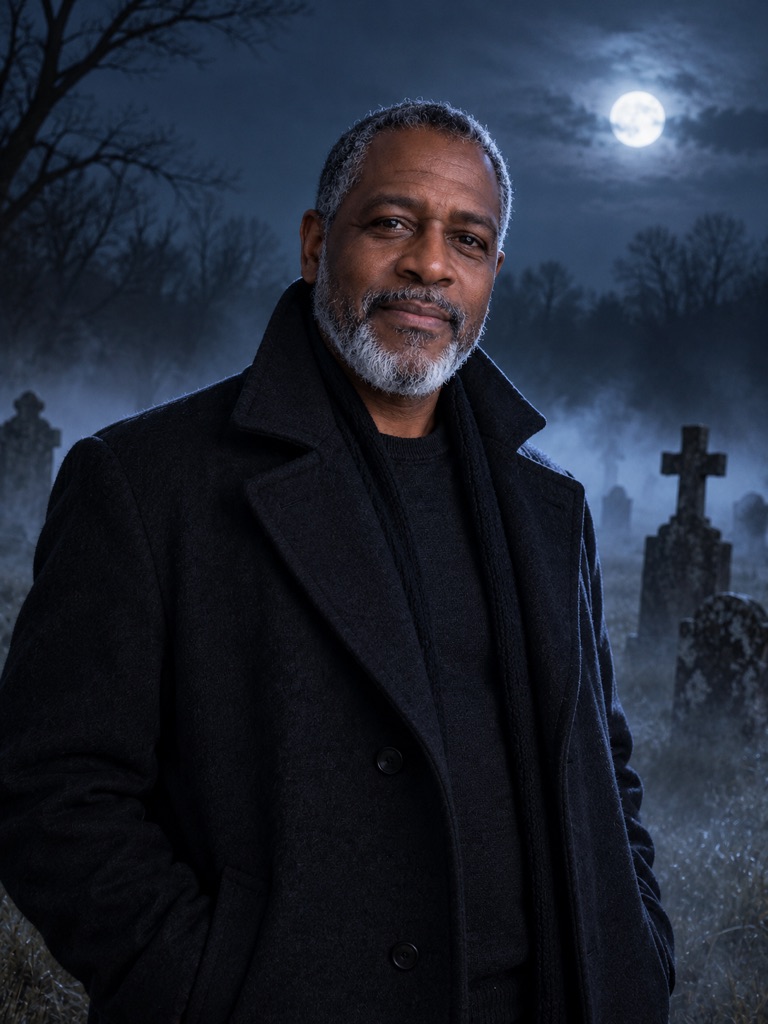 Starting frame: a grey-bearded man in a long dark wool coat in a misty moonlit graveyard at night, crooked headstones and a full moon behind him