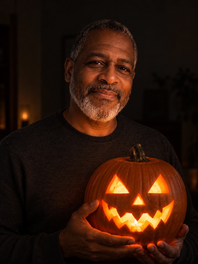 Starting frame: a grey-bearded man holding a lit carved jack-o'-lantern at chest height in a dark room, orange glow on his face