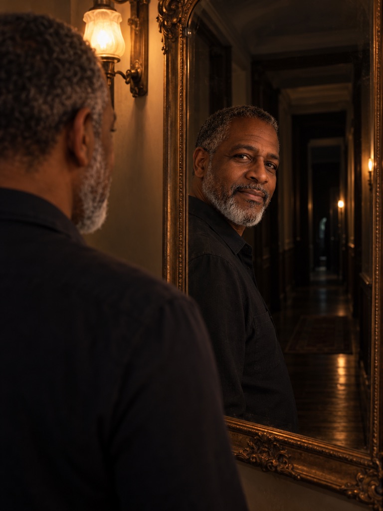 Starting frame: a grey-bearded man seen over his shoulder in a dim hallway, his face reflected in a tall antique gold-framed mirror