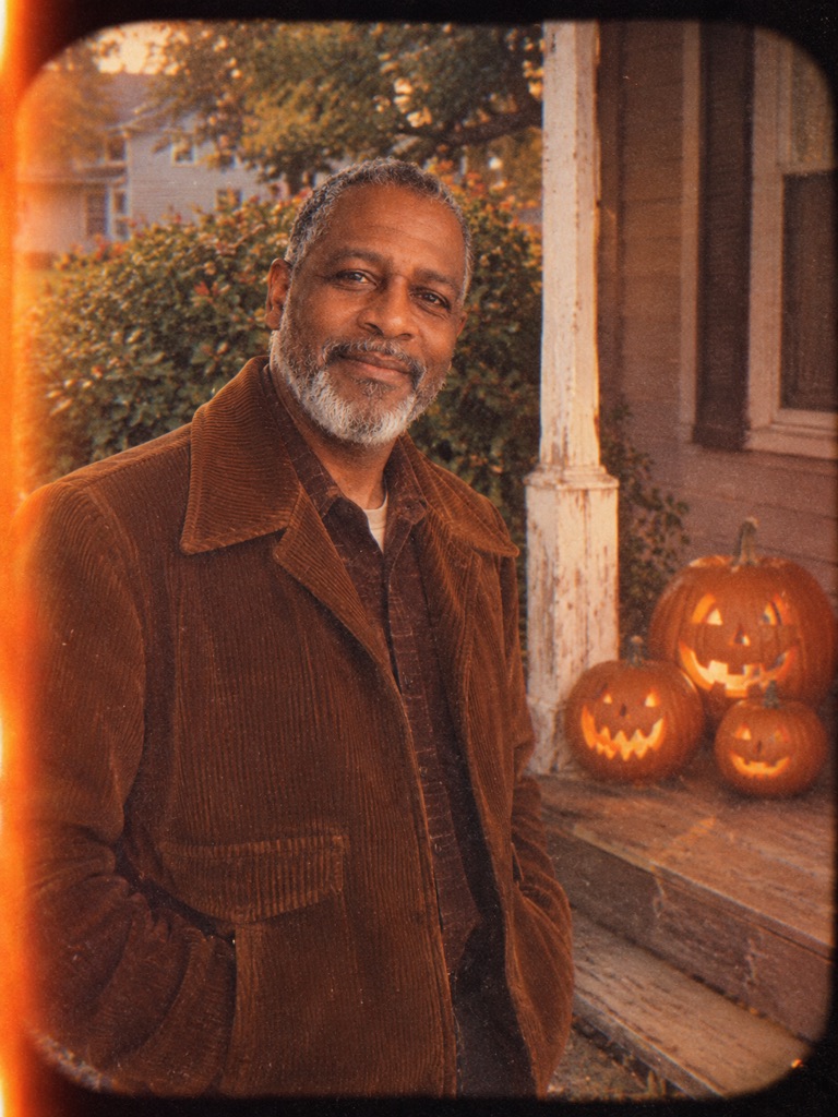 Starting frame: a grey-bearded man in a corduroy jacket on a wooden front porch beside three glowing jack-o'-lanterns, styled as a faded 1970s 8mm home-movie frame